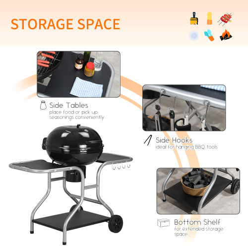 UK Local Outsunny Portable Charcoal Kettle Grill Outdoor Barbecue Trolley BBQ Heat Smoker Grilling With 2 Wheels, Storage Shelf And 4 Hooks, Free Standing, Black