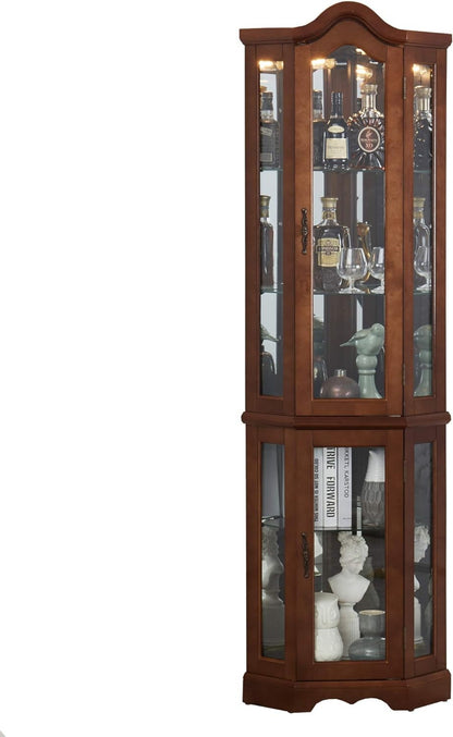 US Local Corner Curio Cabinet With Lights, Adjustable Tempered Glass Shelves, Mirrored Back, Display Cabinet,
