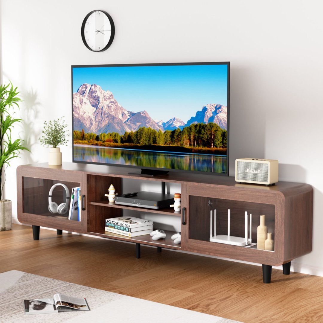 US Local Mid Century Modern TV Stand For 55,60,65,70 Inch TV, Wood Entertainment Center With Power Outlets, Media Console With Sliding Doors And Open Shelf For Living Room, Walnut