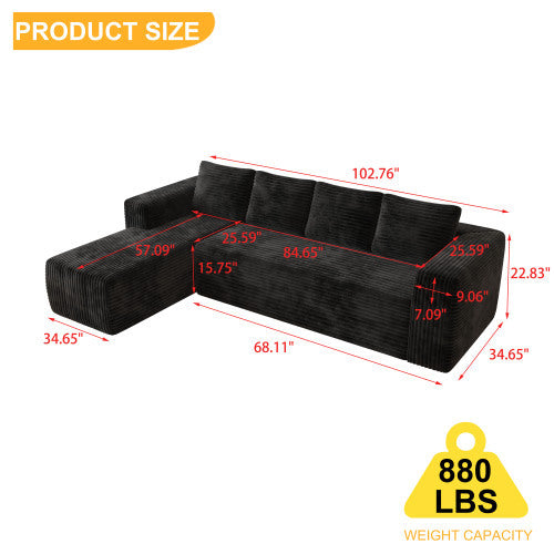 US Local Cloud Sectional Couch With L-Shape Chaise,Modern Modular Sofa With Deep Seat, Upholstered Couches With Right Facing Chaise For Living Room Bedroom, No Assembly Required, Black Plush Corduroy Fabric