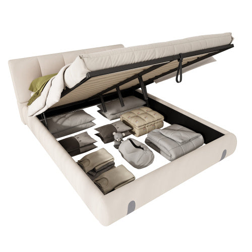 UK Local Upholstered Hydraulic Bed, For Adults And Teenagers, 4ft6 Double Bed 135x190cm, Under-bed Storage Space, Soft Headboard, MDF  Velvet  Plywood, White