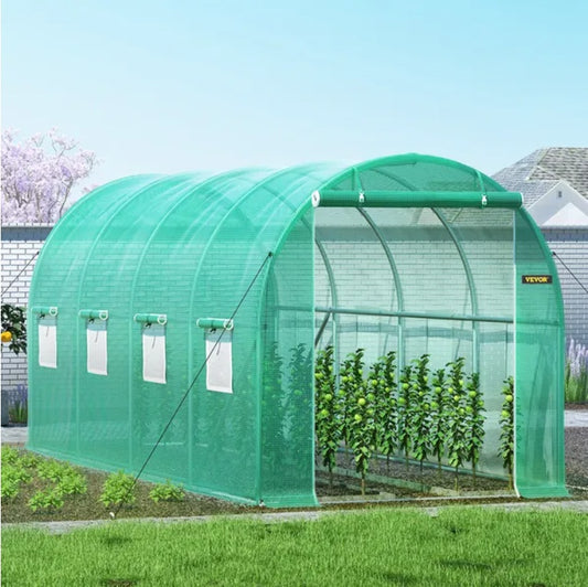 US Local VEVOR Walk-in Tunnel Greenhouse, 14.8 X 6.6 X 6.6 Ft Portable Plant Hot House W  Galvanized Steel Hoops, 1 Top Beam, Diagonal Poles, Zippered Door   8 Roll-up Windows, Green