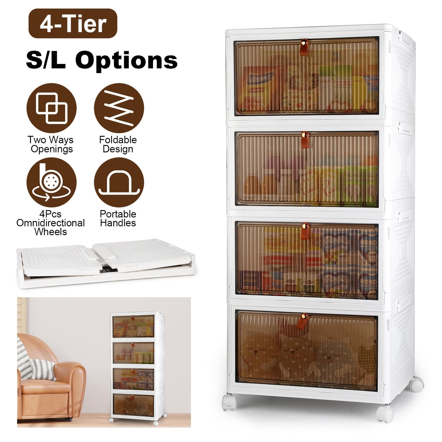 US Local 4Pc Foldable Storage Bins With Lid Front Magnetic Door Collapsible Stackable Closet Organizer Containers With 4Pcs 360 Degree Rotatable Wheels