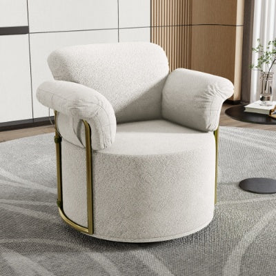 US Local 360 Degree Barrel Swivel Accent Sofa Chair,Fluffy Fabric Lounge Wide Upholstered Reading Chair With Gold Metal Legs, Comfortable Round Armchair For Living Room,Bedroom,Office