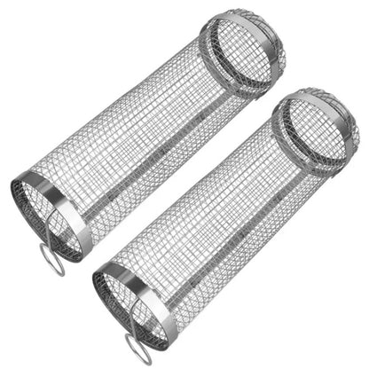 2Pcs 3.42x11.61Inch Portable BBQ Rolling Basket Round Stainless Steel Grill Mesh Barbecue Net Tube With Removable Cover Outdoor Camping