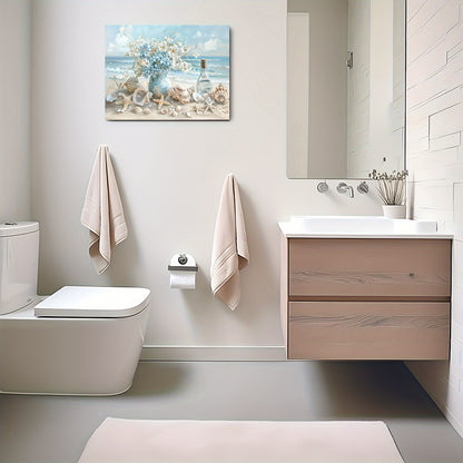 US Local 1 Piece Framed Wooden Canvas Painting, One Piece Blue Vase Floral Canvas Print, Wooden Frame Wall Art, Shell And Ocean Theme, Home And Office Decor, Suitable For Living Room, Bedroom, Kitchen, School