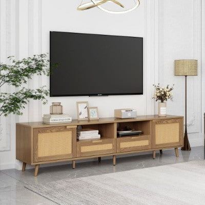 UK Local TV Console Table, Up To 90 Inches TV, TV Cabinet With Plastic Rattan Design, TV Cabinet With Solid Wooden Feet, Braided Rattan TV Boards