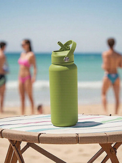 US Local Sports Water Bottle With Portable Handle, Straw, Stainless Steel, American-style, Wide-mouth, Thermal Insulation Cup