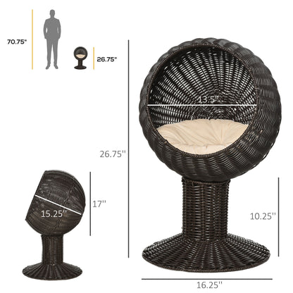 27 Elevated Cat Bed Rotatable Egg Chair Pod Thick Cushion Natural Mat Grass Woven Coffee