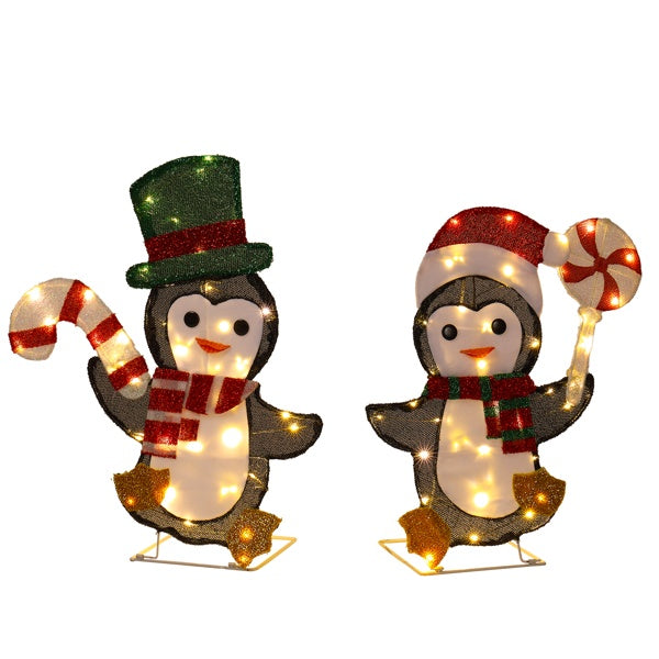US Local Set Of 2 Lighted Penguin And Candy Cane Christmas Decorations, Pre-lit 2D Holiday Decor With 80 Warm White LED Lights For Xmas Outdoor Indoor Decor Lighted Holiday Displays