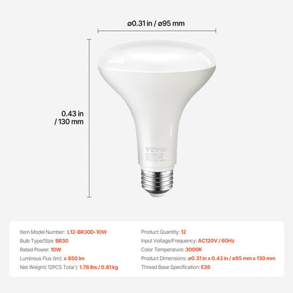 US Local BR30 Indoor Flood Light Bulb 12 Pack 850 Lumens LED Bulbs 3000K Dimmable