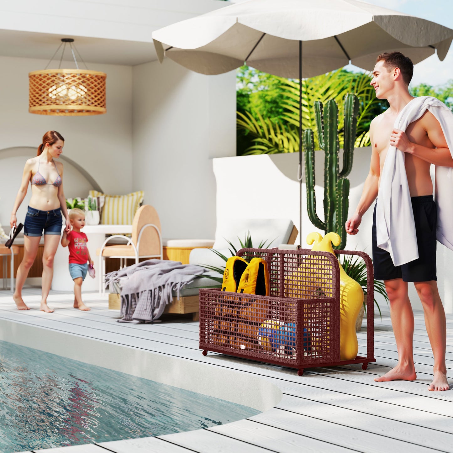 US Local Rattan Pool Float Storage Organizer With Wheels, Mixed Brown