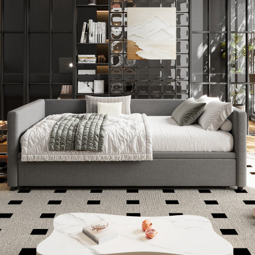 UK Local Upholstered Bed, 3FT Single Bed 90x190cm, Bottom With Bed 90x190cm, Can Be Joined Into A Double Bed, Daybed Sofa Bed, Youth Bed, For Adults  Teenagers, Easy Assembly, Linen, Grey