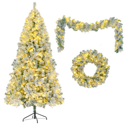 US Local 6FT Snow Flocked Christmas Tree, Pre-Lit Set With Tree & Garland & Wreath, Artificial Hinged Xmas Tree With Colorful LED Lights, 8 Lighting Modes, Pine Cones, Holiday For Home