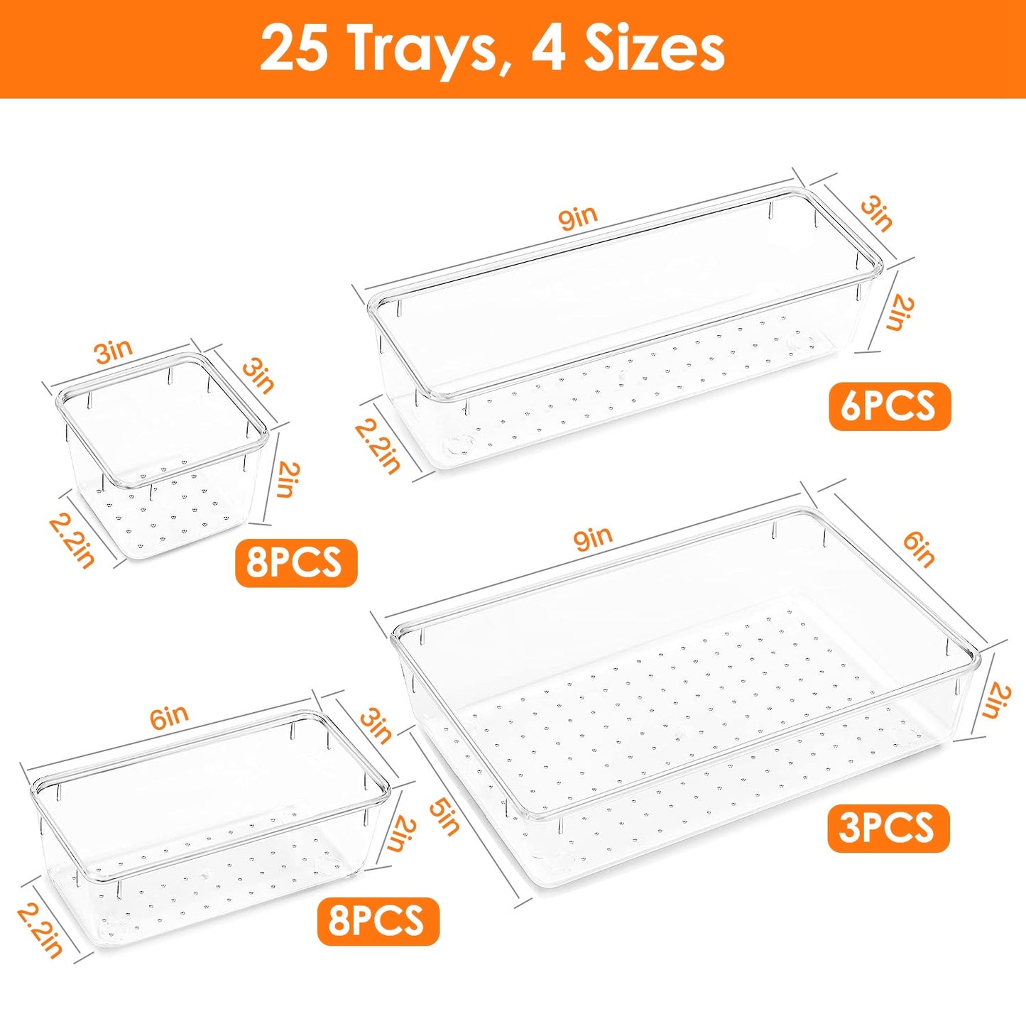 US Local 25Pcs Clear Plastic Drawer Organizers Set 4 Sizes Desk Drawer Dividers Trays Storage Bins For Vanity Cabinet Makeup Bathroom Office Kitchen Bedroom Jewelry