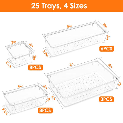 US Local 25Pcs Clear Plastic Drawer Organizers Set 4 Sizes Desk Drawer Dividers Trays Storage Bins For Vanity Cabinet Makeup Bathroom Office Kitchen Bedroom Jewelry