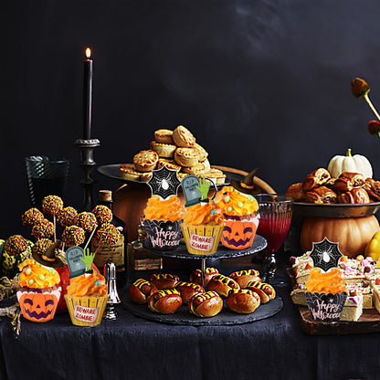 US Local 48 Pcs Halloween Cupcake Decoration Set Zombie Hand Witch Hat Spider Web Tombstones Design Cupcake Picks 3 Styles Happy Halloween Cupcake Wrappers