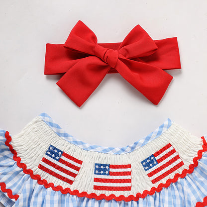 US Local Baby Girls Independence Day Outfit 4th Of July American Flag Embroidery Smocked Bubble Romper With Headband