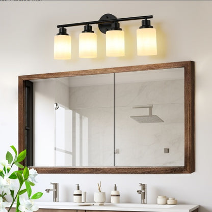 US Local 24 Modern 4-Light Vanity Bathroom Mirror Light, Frosted White Glass With Black Iron Frame, Contemporary Wall Sconce For Bedroom, Bathroom, And Dressing Room Bulb Not Included