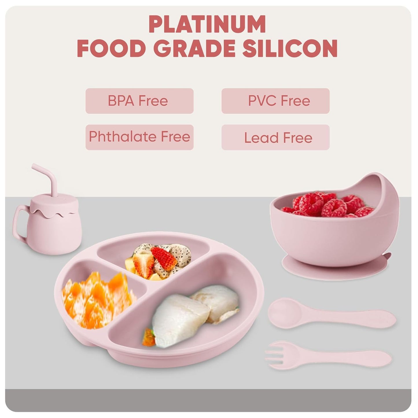US Local Silicone Baby Feeding Set With Suction, 10 Pcs Baby Led Weaning Supplies With Suction Bowl Divided Plate Adjustable Soft Bib Spoon Fork Snack Cup With Lid And Other Utensils, Sakaura Pink