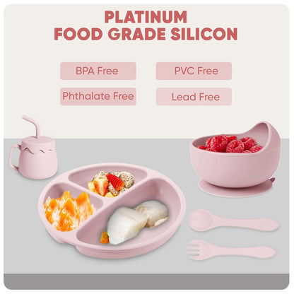 US Local Silicone Baby Feeding Set With Suction, 10 Pcs Baby Led Weaning Supplies With Suction Bowl Divided Plate Adjustable Soft Bib Spoon Fork Snack Cup With Lid And Other Utensils, Sakaura Pink