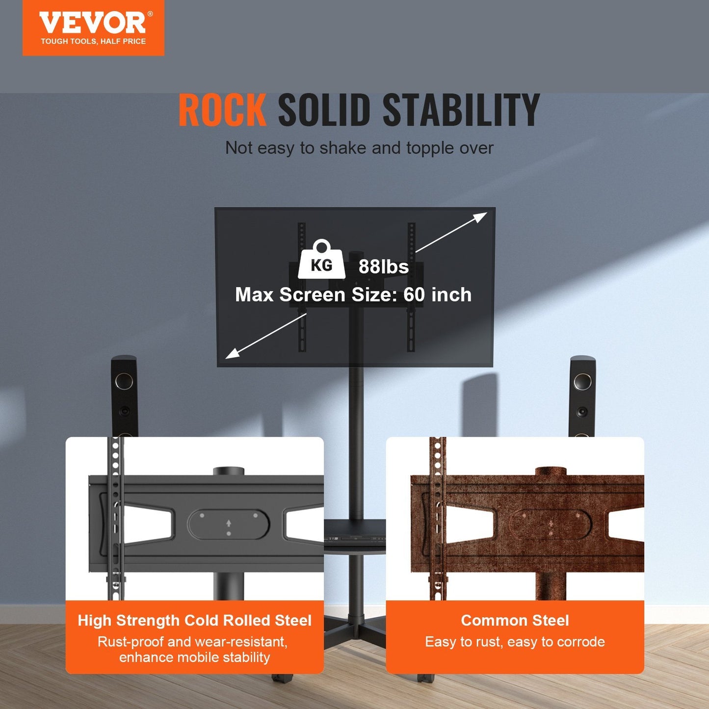 US Local VEVOR Mobile TV Stand, Mobile TV Cart For 23 To 60 Inch TVs, Height Adjustable Portable TV Stand With Wheels, With A Tray For Audio-Visual Devices, Rolling TV Stand With Mount For Bedroom, Living Room