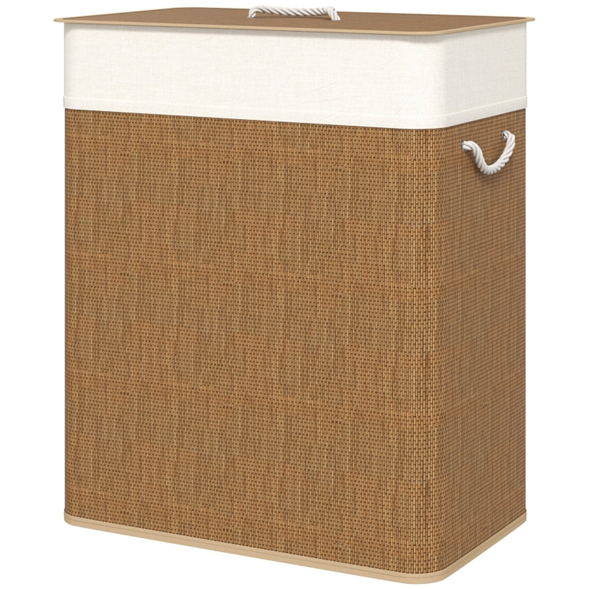 US Local Double Laundry Basket With Lid, 26.4 Gallon Bamboo Laundry Hamper With Rope Handles And Removable Liner, Brown