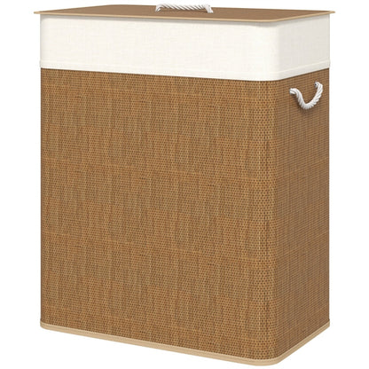 US Local Double Laundry Basket With Lid, 26.4 Gallon Bamboo Laundry Hamper With Rope Handles And Removable Liner, Brown