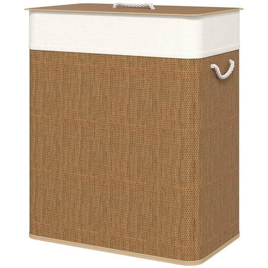 US Local Double Laundry Basket With Lid, 26.4 Gallon Bamboo Laundry Hamper With Rope Handles And Removable Liner, Brown