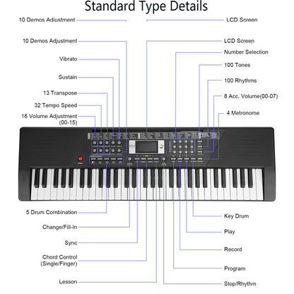 US Local 3 Types Options -- 1Pc 61 Keys Digital Music Keyboard Electric Piano Electronic Musical Instrument Kids Learning Keyboard With Microphone Stand For 3-12 Year Old Kids Girls Boys
