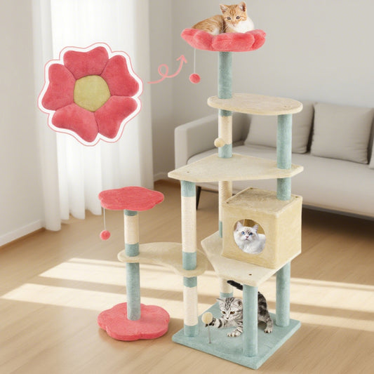 US Local 61 Inch Multi-Level Aesthetic Floral Kitten Tower With Flower-Shaped Padded Perch