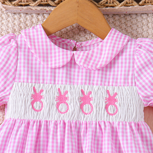US Local Toddler Girl's Lapel Bubble Sleeve Dress, Checkered Pattern & Bunny Embroidery A-Line Summer Dress
