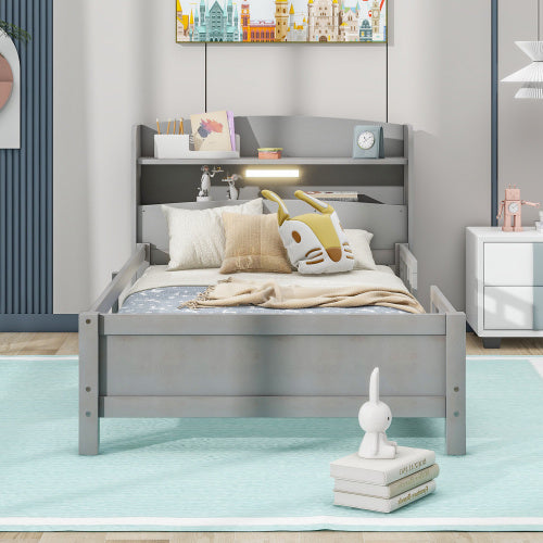 US Local Wood Twin Size Platform Bed With Built-in LED Light, Storage Headboard And Guardrail, Antique Grey