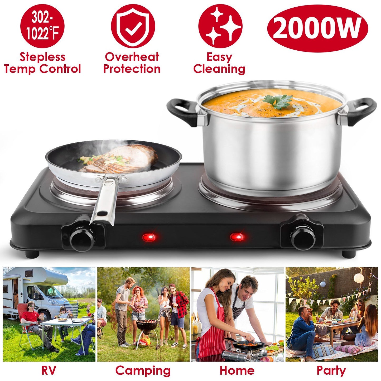 US Local 1Pc 2000W Electric Infrared Dual Burner Portable Heating Hot Plate Stove Countertop RV Hotplate With Glass Cooktop Stepless Temperature Adjustments For Home RV Camp
