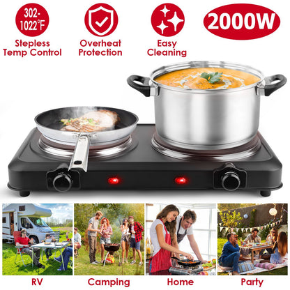 US Local 1Pc 2000W Electric Infrared Dual Burner Portable Heating Hot Plate Stove Countertop RV Hotplate With Glass Cooktop Stepless Temperature Adjustments For Home RV Camp
