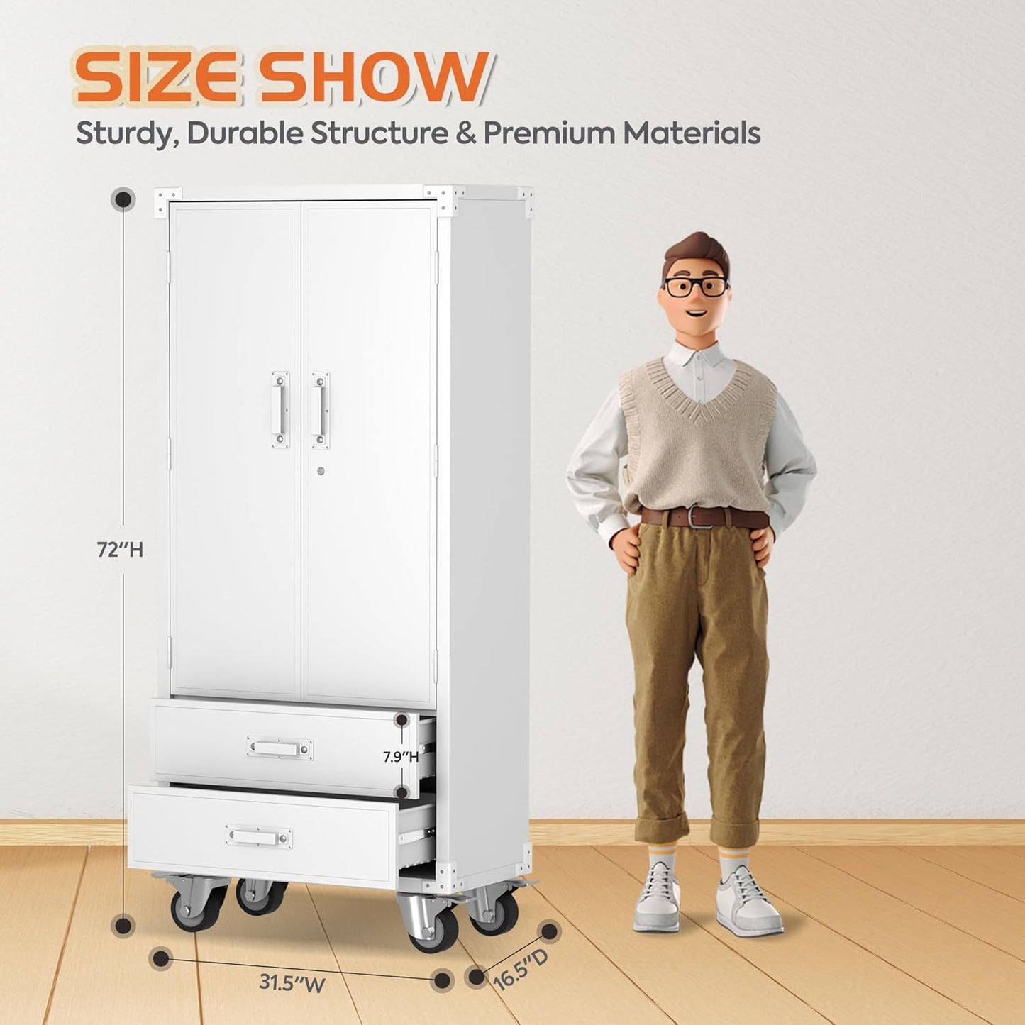 US Local Rolling Storage Cabinet With 2 Doors And 2 Drawers, Metal Storage Cabinet With Doors And Shelves, Locking Steel Cabinet For Warehouse, Home, Office White