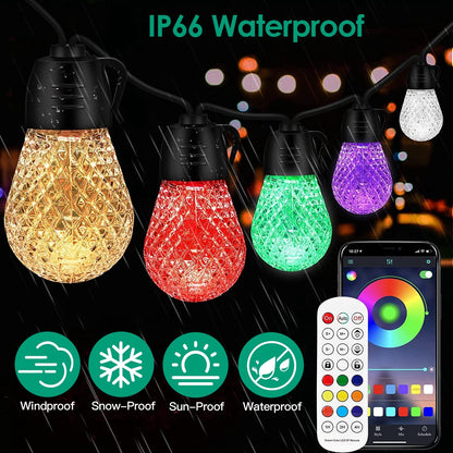 US Local 52.5FT Colorful Outdoor String Lights Smart RGB LED Patio Lights IP66 Waterproof Dimmable Hanging Light Bulbs With APP Remote Control 15 Bulbs