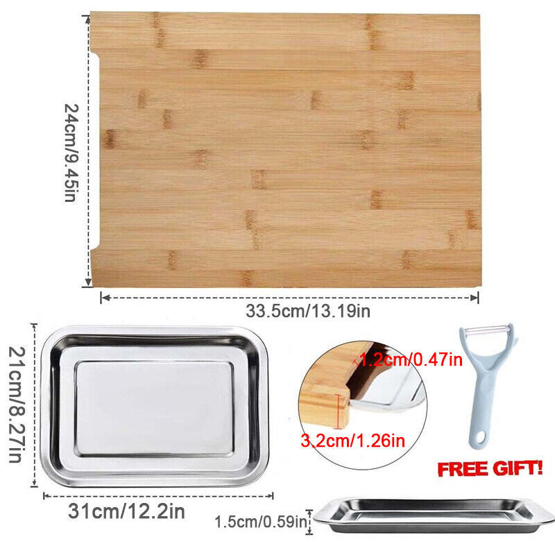 UK Local Bamboo Wooden Chopping Board Cutting Slicing  Sliding Stainless Steel Tray