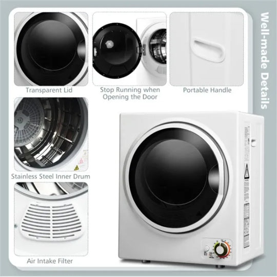 US Local 850W Compact Portable Clothes Dryer - 10 Lbs Wet Capacity, 5.5 Lbs Dry Load, Quiet Design  For Apartments Dorms
