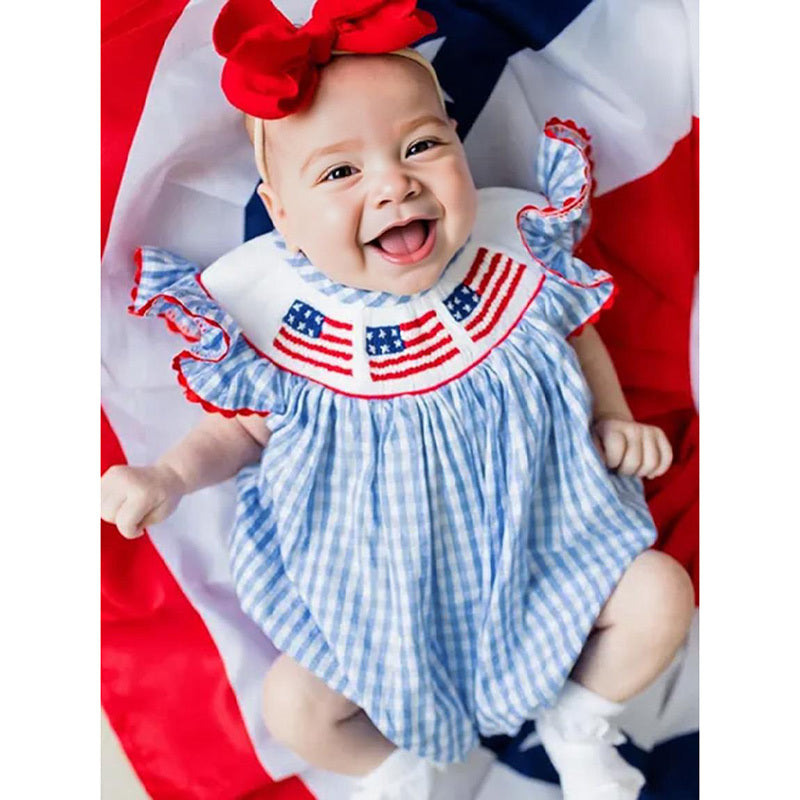 US Local Baby Girls Independence Day Outfit 4th Of July American Flag Embroidery Smocked Bubble Romper With Headband