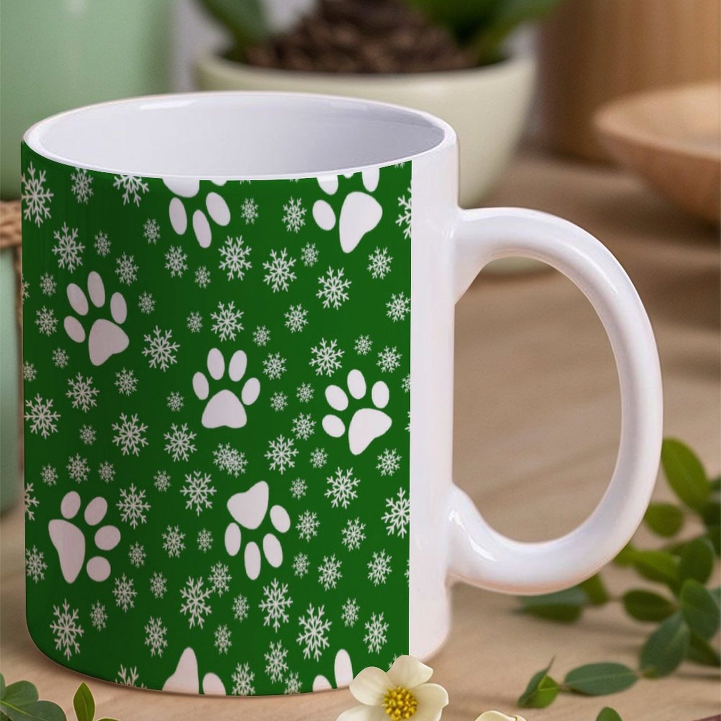 POD US Local White mug with full print, Christmas Snowflakes Cats Dogs Paws Green 0028