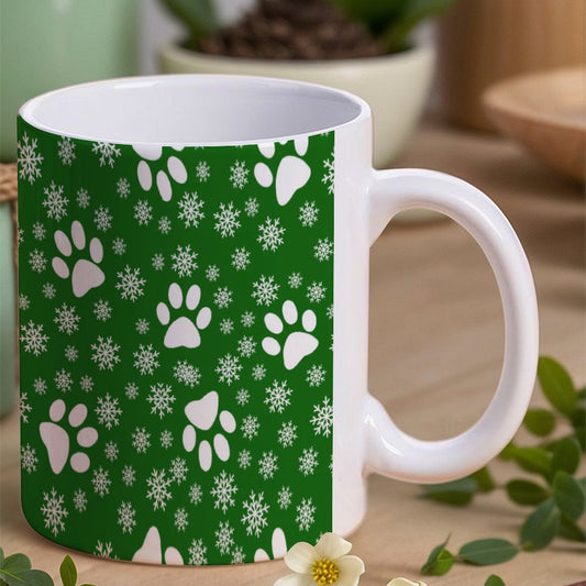 POD US Local White mug with full print, Christmas Snowflakes Cats Dogs Paws Green 0028