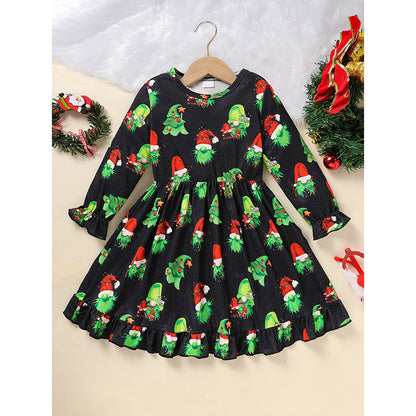 US Local Toddler Kids Baby Girl Christmas Dress Outifts, Long Sleeves Cartoon Prints Party Dress With Heart Print Vest Coat Xmas Clothes Set