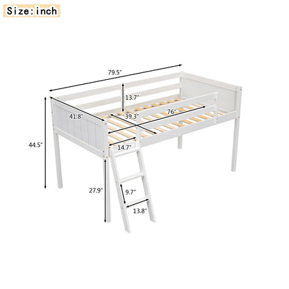 US Local Twin Size Wood Low Loft Bed With Ladder, Ladder Can Be Placed On The Left Or Right, White
