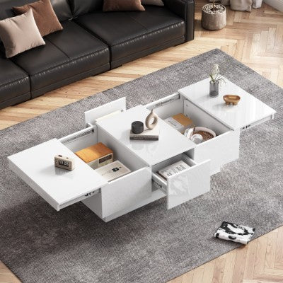 UK Local Coffee Table For Living Room, Modern Side Table Wooden Centre Table, White High Gloss Coffee Tea Tables With 2 Drawers And 2 Big Storage Space For Home Office Furniture