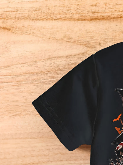 Men's Casual Polyester Round Neck T-shirt With 3D Shark And Halloween Pumpkin Patterns, Fitted Knit Fabric, Slightly Elastic