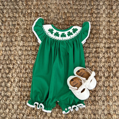 US Local Baby Short Sleeve Romper With Clover Embroidery, Ruffle Trim Playsuit For Summer Vacation