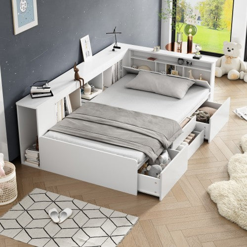 UK Local Children's Bed, Single Bed-3ft90x190cm, Single Bed, Multifunctional Children's Bed With Drawers, Bookcase And Storage Cupboard, Bed Box With Storage Space, Without Mattress, White