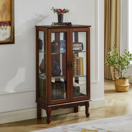 US Local Curio Cabinet Lighted Curio Diapaly Cabinet With Adjustable Shelves And Mirrored Back Panel, Tempered Glass Doors