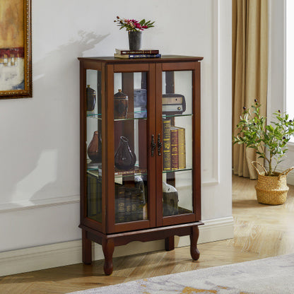 US Local Curio Cabinet Lighted Curio Diapaly Cabinet With Adjustable Shelves And Mirrored Back Panel, Tempered Glass Doors